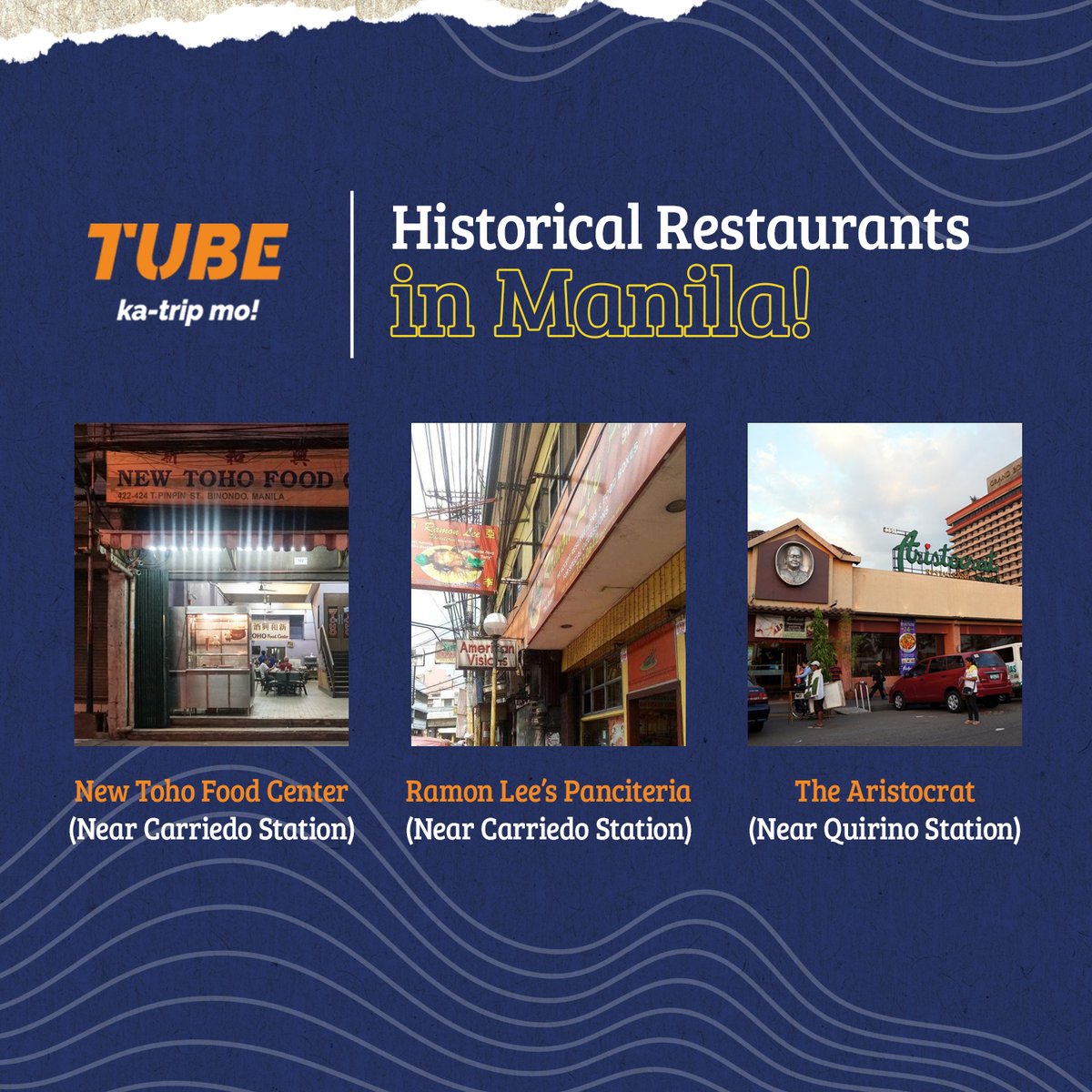 Mga ka-trip, it’s time to food-trip! Visit some of the oldest restaurants in Manila near LRT-1 for a quick &amp; delicious trip through history. #NHM

New Toho Food Center - near Carriedo Station

Ramon Lee’s Panciteria - near Carriedo Station

The Aristocrat - near Quirino Station