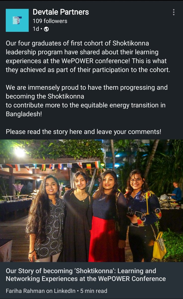 LabibaFairuzHa2's tweet photo. Our #Shoktikonna graduates proudly sharing their learning experience at the @WePOWERNetwork conference held in Thailand last year! We believe they will continue contributing more to the energy transition in 🇧🇩.
#WomenEmpowerment 
#DevtalePartners https://t.co/KB59CfuFKJ