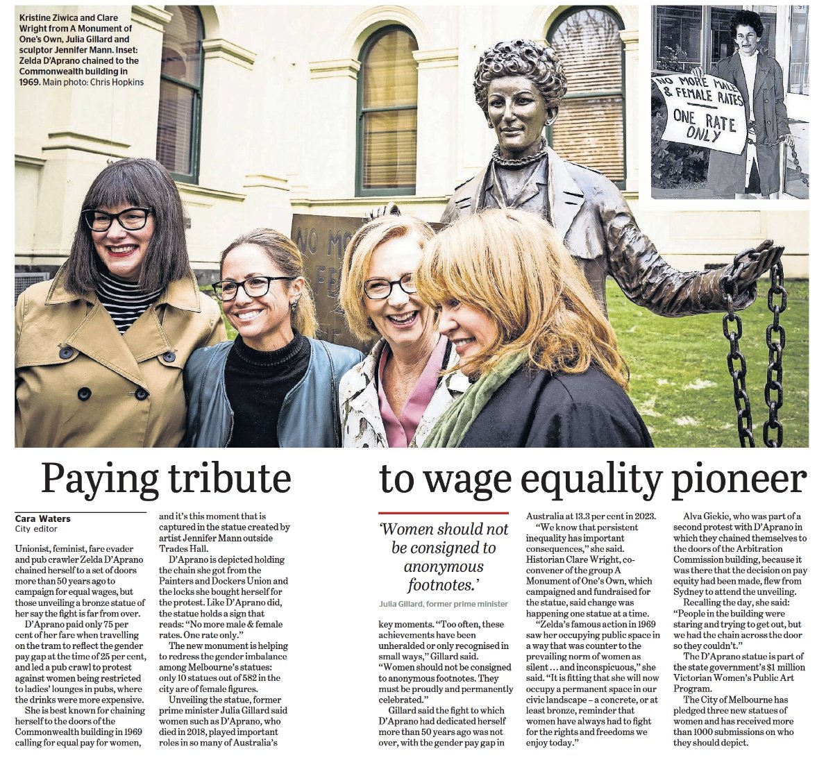 Thank you <a href="/carawaters/">Cara Waters</a> for this fantastic write up in <a href="/theage/">The Age</a> of yesterday's Zelda unveiling. I'm old school and love print. Today's paper is great keepsake from a wonderful day. <a href="/amooaus/">A Monument of One's Own</a> @clareawright <a href="/jennmmann/">Jennifer Mann</a> #monumentalchange.