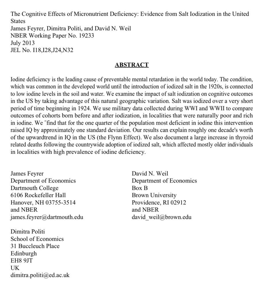 A full decade of the Flynn Effect in America, the upward historical trend in IQ, can be explained by🧂 

Dr, David Cowie convinced salt companies to add iodine. As a result, IQ went up 15 points in much of the US! And income went up in those areas by 11%! nber.org/system/files/w…