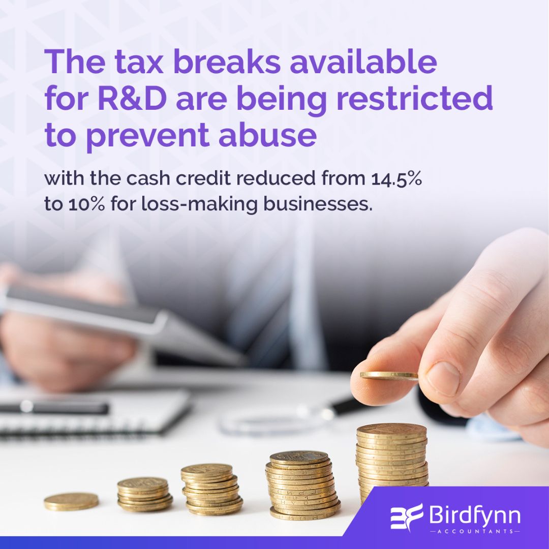 At the same time, larger companies and some SMEs will receive increased payments under a separate scheme.

Birdfynn Accountants can help you access valuable R&D tax incentives: birdfynn.co.uk/tax-services/r…

#researchanddevelopment #taxcredits #UKSME #taxbreaks