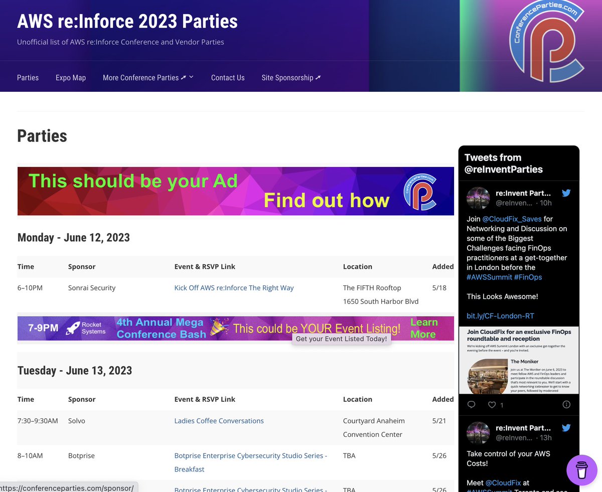 reInventParties's tweet image. It&apos;s going to be busy in ConferenceParties.com Land until the End of Summer. 

We are covering 6 more #AWSSummits. Tel Aviv, Amsterdam, Wash DC, London, Toronto &amp;amp; New York. 
Summit-Parties.com 

Plus AWS re:Inforce in Anaheim, CA #AWSreInforce 
reInforceParties.com
/1