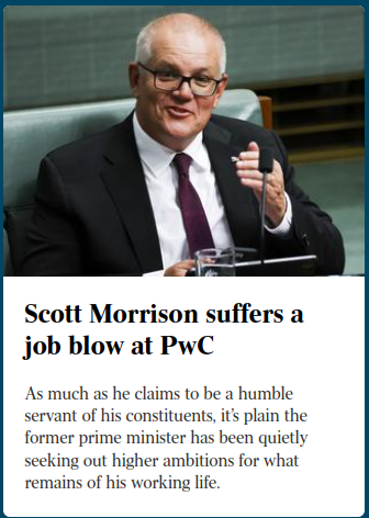 #PWC's reputation is in the toilet, but remember, only a few weeks ago they refused to employ Morrison due to 'reputational risk'. Think on that - PWC is horribly corrupt, but Morrison's presence would have rendered it even worse??? He is too corrupt even for them! #auspol