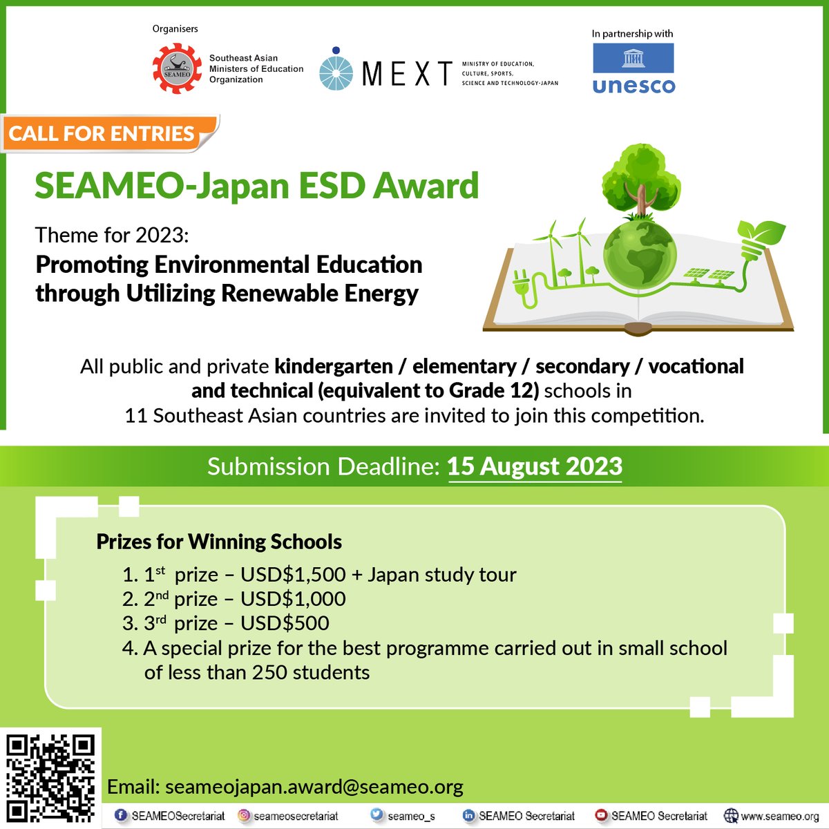 📢📢CALL FOR ENTRIES: 2023 SEAMEO-Japan ESD Award with the theme “Promoting Environmental Education through Utilizing Renewable Energy”!!

Submission: link.seameo.org/2023SEAMEOJapa…

#SEAMEO #ESD #MEXT #UNESCO #sustainabledevelopment #environmentalissues #education