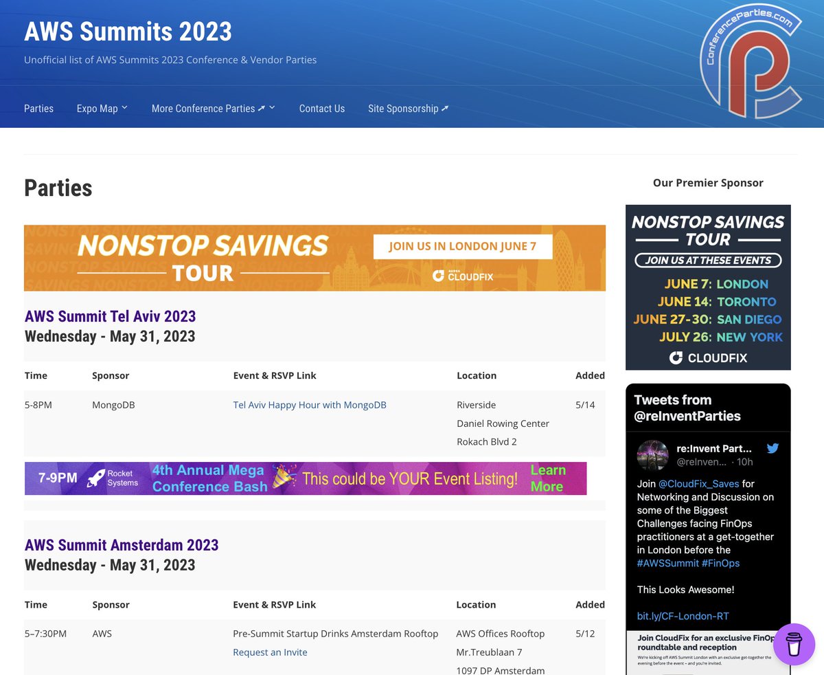 reInventParties's tweet image. It&apos;s going to be busy in ConferenceParties.com Land until the End of Summer. 

We are covering 6 more #AWSSummits. Tel Aviv, Amsterdam, Wash DC, London, Toronto &amp;amp; New York. 
Summit-Parties.com 

Plus AWS re:Inforce in Anaheim, CA #AWSreInforce 
reInforceParties.com
/1