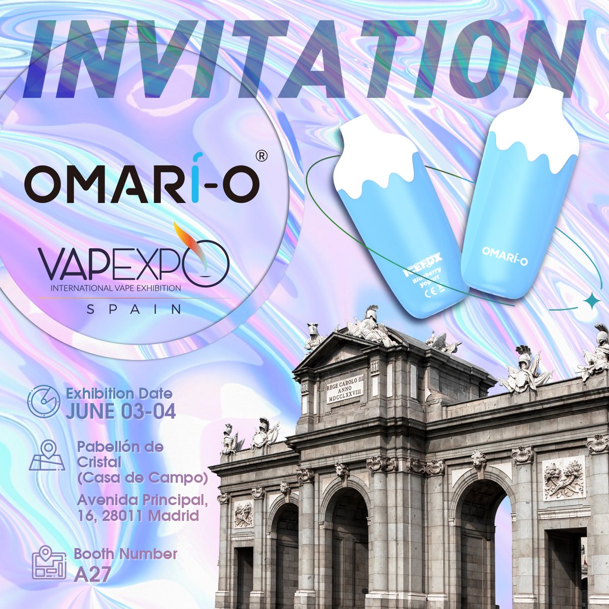 Welcome to our exhibition in Spain👏
Date：june  03-04
Booth Number：A27
#omario #vape #disposablevape #vapetime #vapelife #fruittime #disposablevape #vapeexhibition #french #vape #show #BTB #vape #omario #vapetime