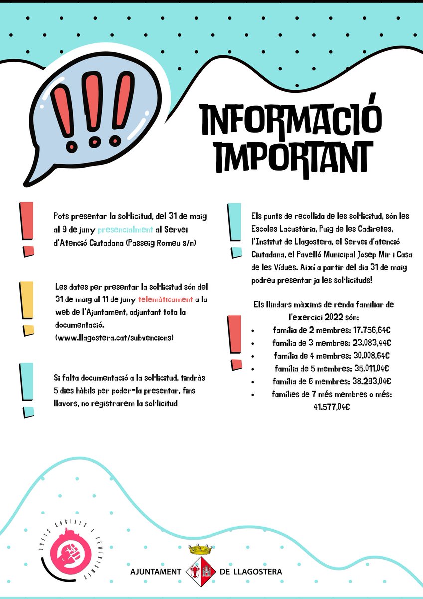 #Bondia famílies!
🟢Oberta la convocatòria de subvencions 2023-2024 per activitats d’estiu, material escolar, sortides i activitats extraescolars.

✅Per a nascuts entre el 2008 i el 2020

🗓Teniu temps fins a l’11 de juny

👀La documentació👉llagostera.cat/noticies/2110/…