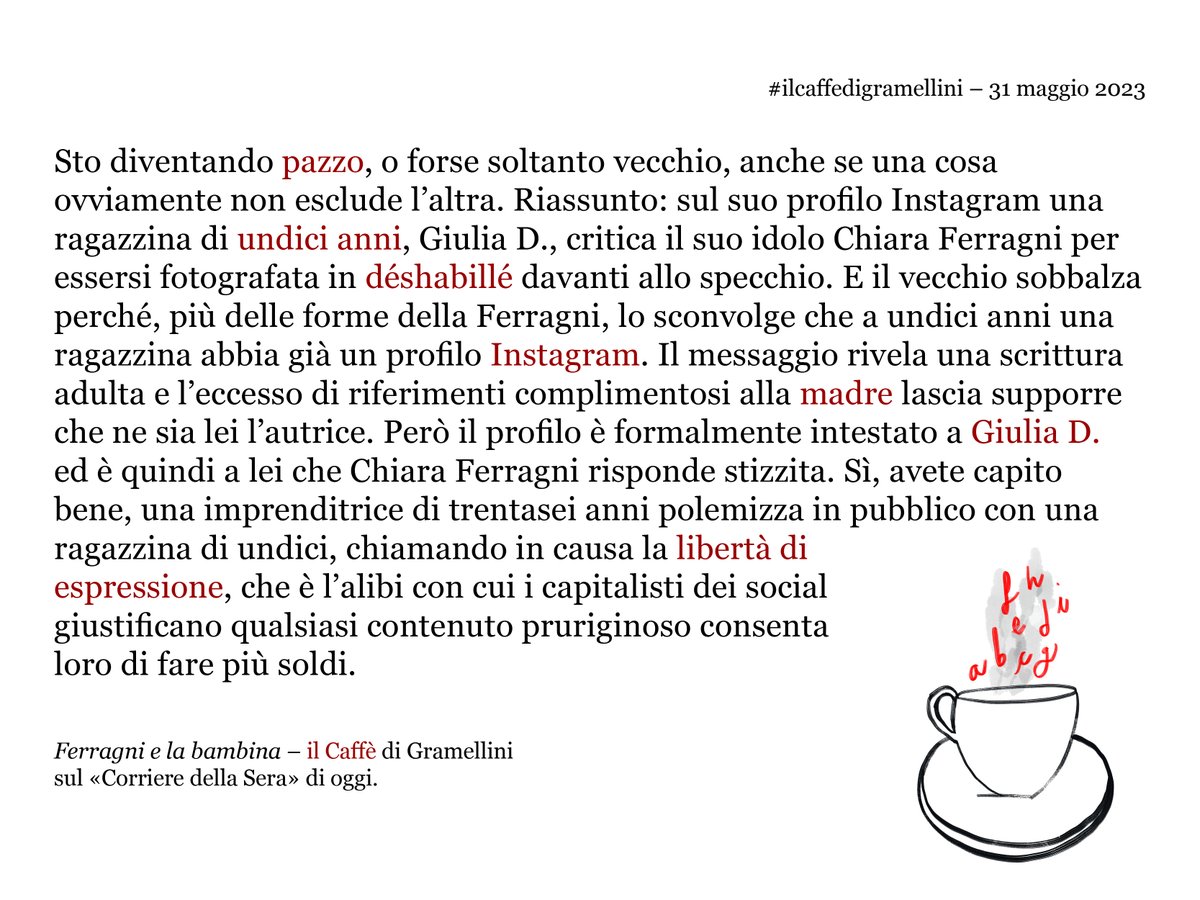 «Ferragni e la bambina»: #ilcaffedigramellini sul @Corriere di #mercoledì #31maggio.
corriere.it/caffe-gramelli…