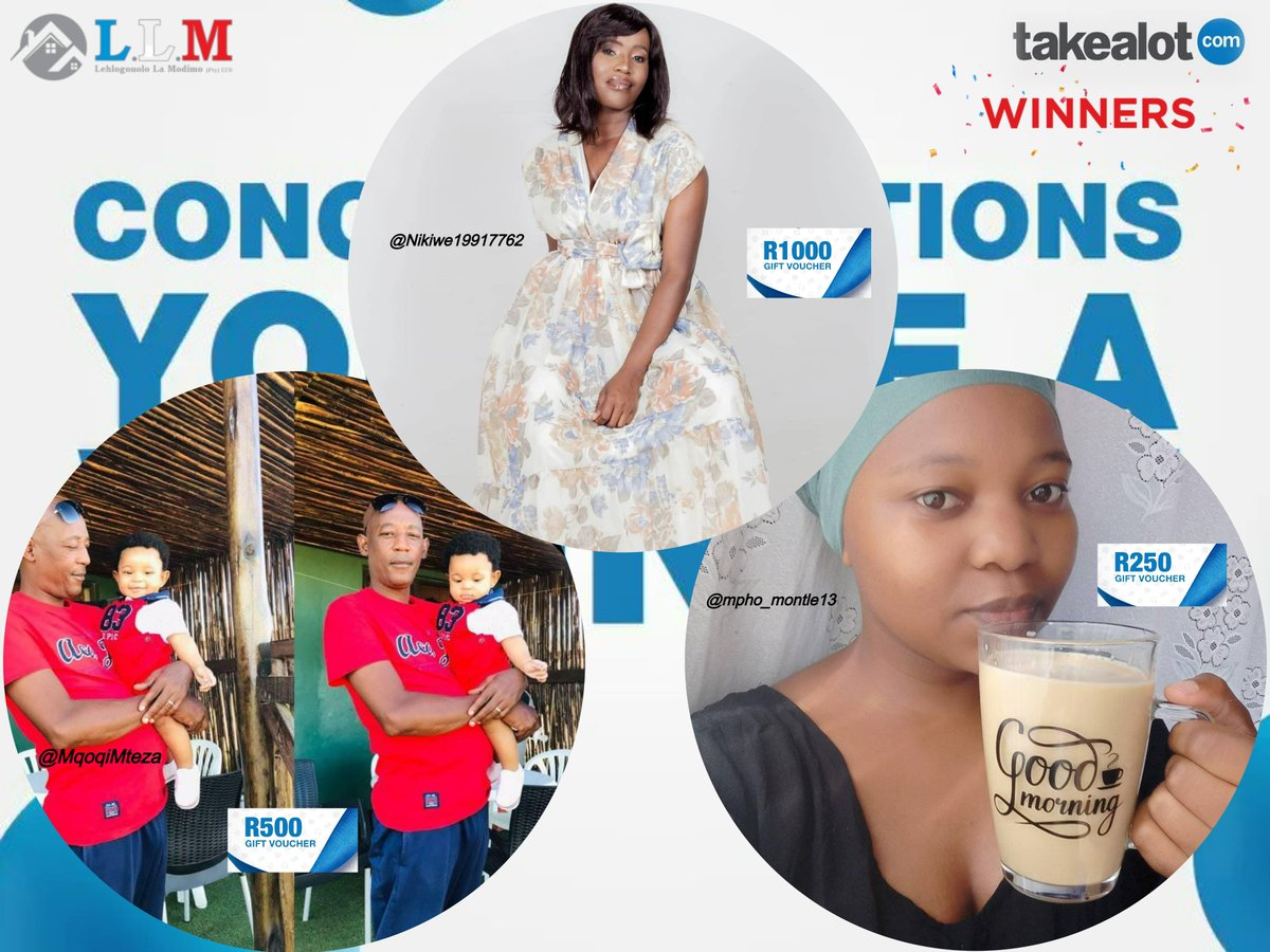 LLM_Projects's tweet photo. CONGRATULATIONS to our lucky winners #2023WITHLLM 📢

1st Place Nikiwe Hadebe - R1000 Takealot voucher

2nd Place Mteza Mqoqi - R500 Takealot voucher

3rd Place Mpho Montle - R250 Takealot voucher. https://t.co/SQJGuJqNgW