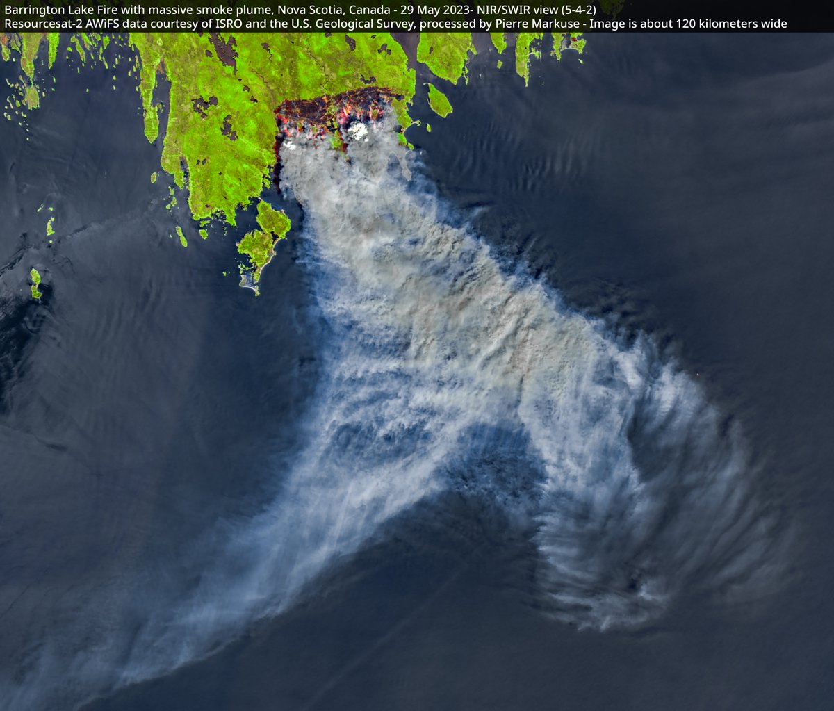 Pierre_Markuse's tweet photo. 🟠A view from an Indian🇮🇳 satellite of the Barrington Lake #Fire🔥 with massive smoke plume, Nova Scotia, #Canada🇨🇦 - 29 May 2023 #Resourcesat-2🛰️ Full-size ▶️ https://t.co/GwzRZjHVGz #RemoteSensing #OpenData #SciComm #NovaScotiaFires Image is about 120 kilometers wide https://t.co/zu478N0A2o