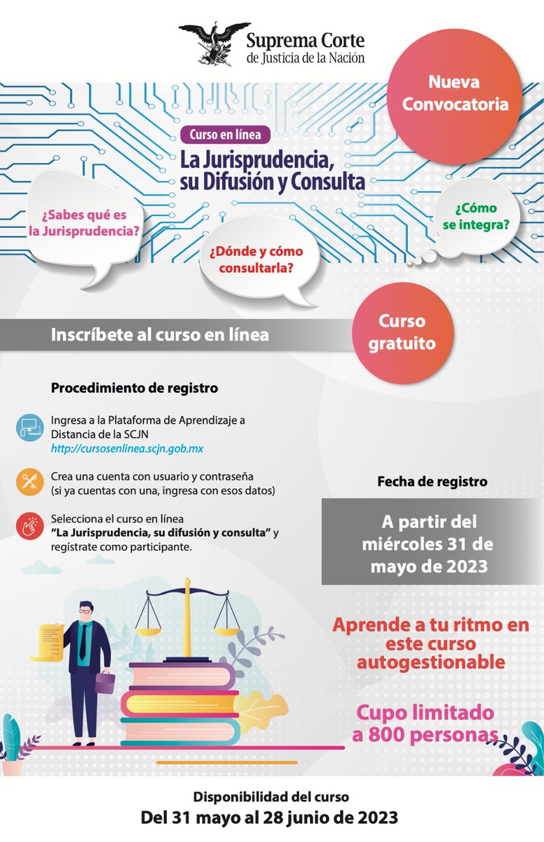 SCJN's tweet photo. 📢 Comienza hoy

Curso en línea  ✅ La Jurisprudencia, su difusión y consulta

Regístrate ➡️ ingresa a https://t.co/wSNzb31gv3   y crea tu cuenta

¡Cupo limitado! https://t.co/eWKfwReYd4