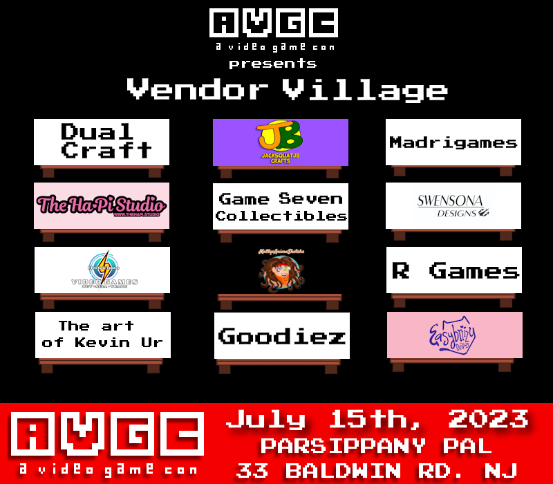 aVideoGameCon's tweet photo. Meet more merchants opening shop at the Vendor Village. Find new collectibles & decorations to showcase your fandom this July 15 #AVGC #AVideoGameCon #VendorVillage #JBEntertainingness #Madrigames #TheHAPIStudios #SWENSONADesigns #ElectricTown #EasybriizyDraws #MattysAnimeSketchs https://t.co/tzEs4Z9rP3