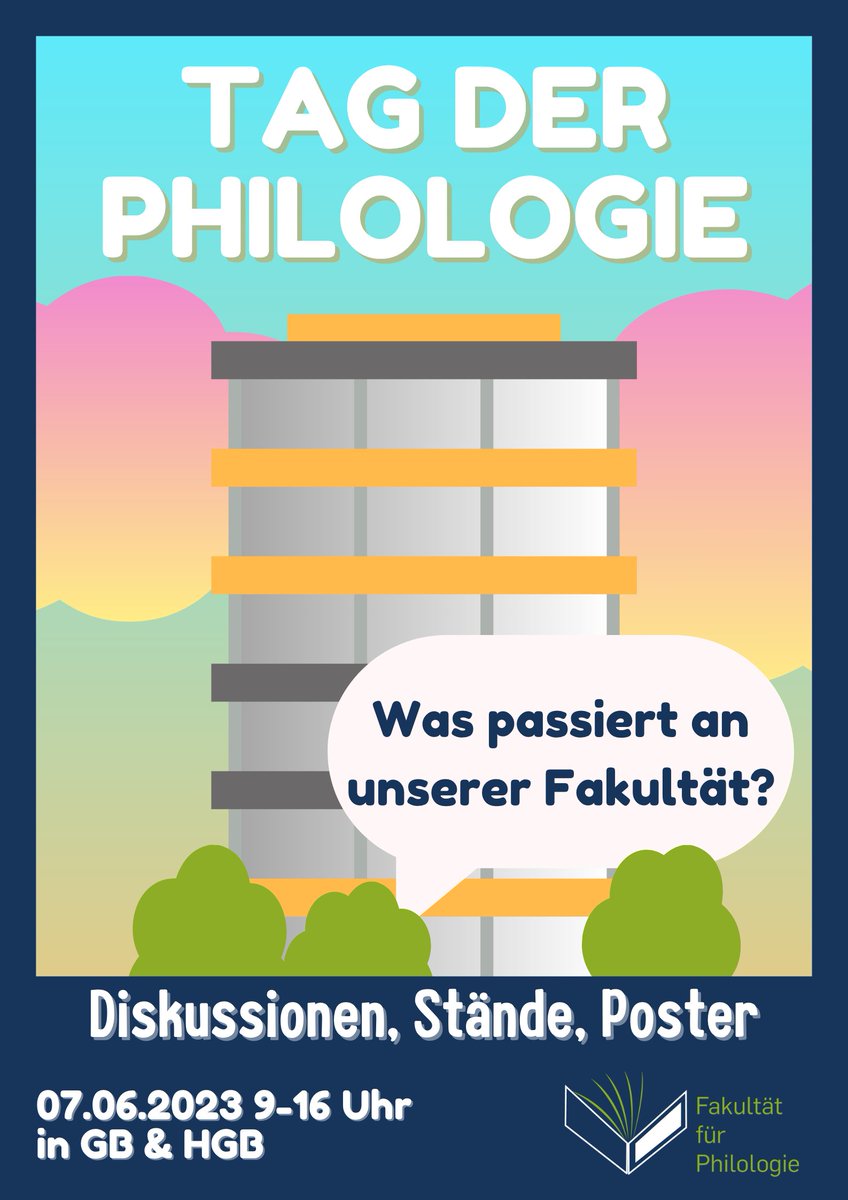 Am 07.06. findet in der Fakultät für Philologie der RUB von 9.30-16 Uhr der Tag der Philologie statt. Kommen Sie gerne vorbei, um die verschiedenen Stände, Gesprächsforen &amp; Poster zu besuchen Einen detaillierten Zeitplan finden Sie hier: dekphil.ruhr-uni-bochum.de/dekphil/philol…