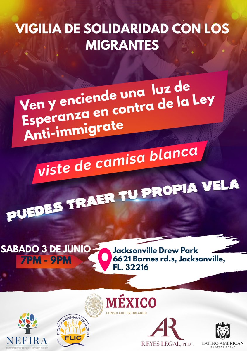 _nefira_'s tweet photo. Many have asked how to show up for #immigrants affected by #SB1718. Join us this Sat, June 3rd for a Vigil in Solidarity with Immigrants in NE FL. Wear ⚪️WHITE⚪️ shirts. 

We have a great speaker line-up. Event will be in Spanish &amp; English, interpreted by Dr. Maira Martelo. https://t.co/ScycwTOsHF