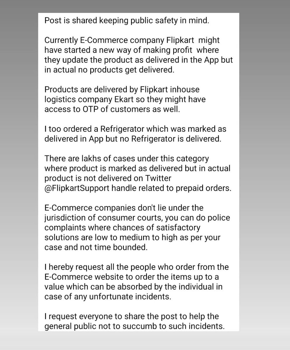 asimdabir's tweet photo. Day-31 #BoycottFlipkart Ordered refrigerator -logistics team marked as delivered, but no product is delivered. It is a complete failure of the entire Pan India flipkart support team even to provide an update.  @flipkartsupport @consumr_rights @BandBajaateRaho https://t.co/mhQ85zRuAy