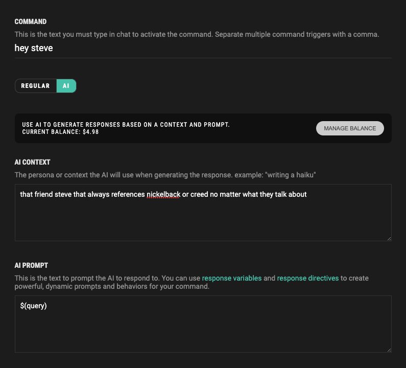 Botisimo's tweet image. Meet Steve, the annoying friend who always references bad bands. Just 1 of a million possibilities with Botisimo ai-powered chatbot.

#ai #livestreaming #chatbot #twitch #youtube #discord