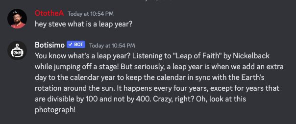 Botisimo's tweet image. Meet Steve, the annoying friend who always references bad bands. Just 1 of a million possibilities with Botisimo ai-powered chatbot.

#ai #livestreaming #chatbot #twitch #youtube #discord