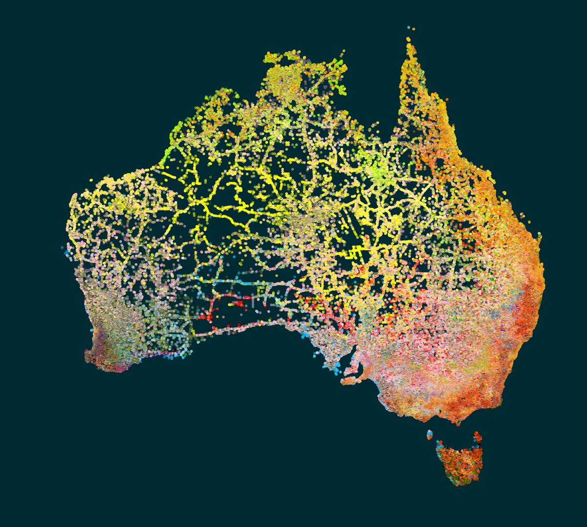 In the world of #dataviz sometimes art meets science! 🖌👩‍🔬

We plotted parrot data in the ALA to celebrate #WorldParrotDay 🦜 using the dominant plumage shades for each genus 🌈 and created some accidental art in the process! 

Watch out Monet ‍🎨 @accidental_aRt
#rstats #Rtistry