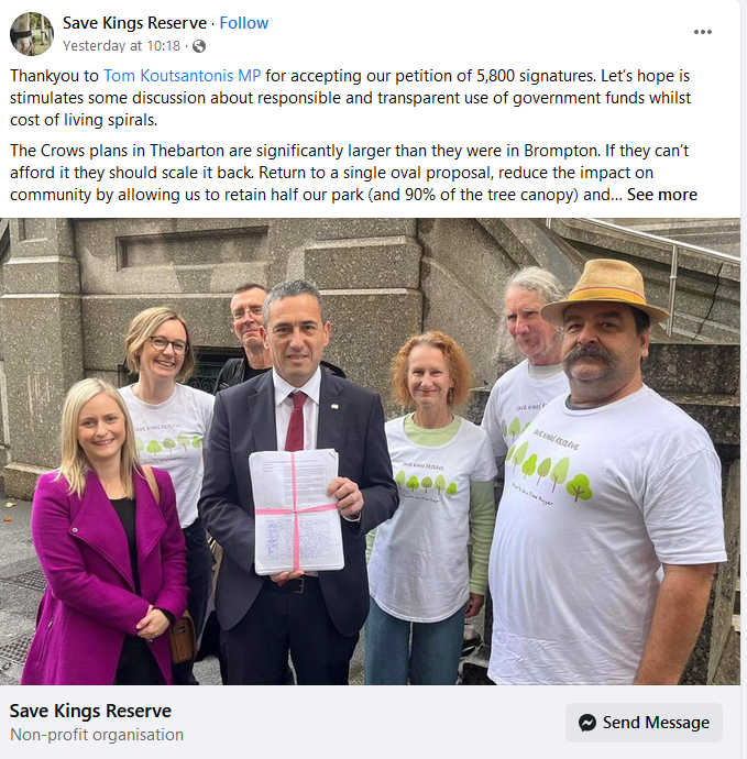 BaronvonKlar's tweet photo. 5,800 signatures they say? 🤔More than the total population of the area.

Their Facebook group has 58 members &amp; their online petition has 817 sigs.

Sign counter petition - https://t.co/Mz2UZCNsVX

#AdelaideCrows #Thebarton #KingsReserve #Torrensville #CrowsHQ #NIMBY #Weflyasone https://t.co/Wo6U4ipE30