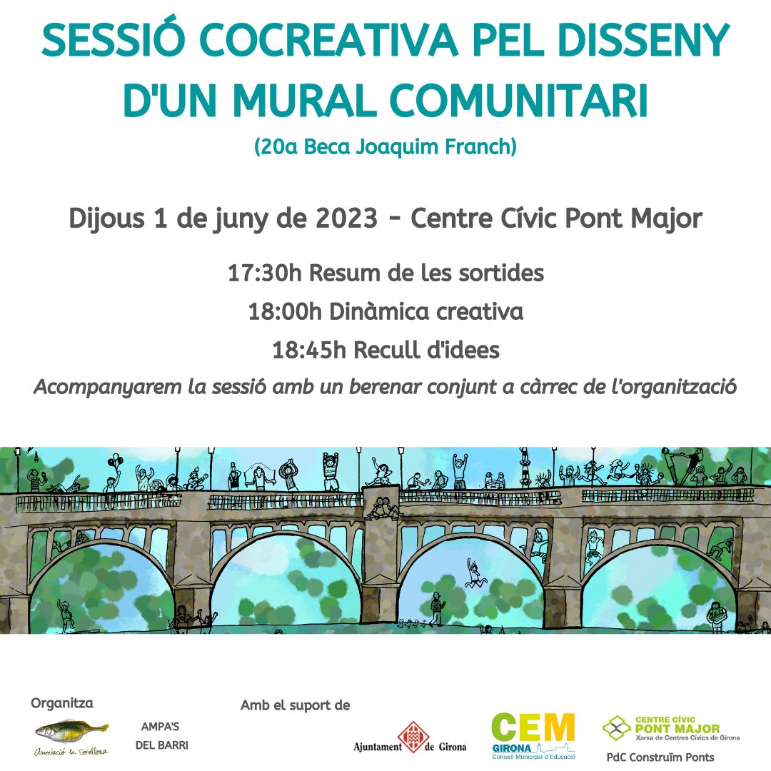 Veïns i veïnes del #PontMajor i de #Girona, demà dijous a la tarda tenim la trobada per a la cocreació del mural. Ens trobem a partir de les 17:30h a Centre Cívic del barri. Us hi esperem!