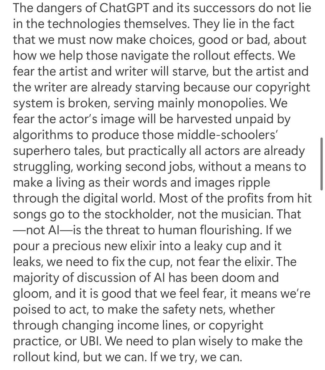 Ethan Mollick (@emollick) on Twitter photo Great essay placing AI in historical context from someone who should know: history professor & award-winning science fiction author <a href="/Ada_Palmer/">Ada Palmer</a>
“Knowledge empowers; experience empowers; expression empowers; each of these twenty generations has been more powerful than the last.” Great essay placing AI in historical context from someone who should know: history professor & award-winning science fiction author <a href="/Ada_Palmer/">Ada Palmer</a>
“Knowledge empowers; experience empowers; expression empowers; each of these twenty generations has been more powerful than the last.”