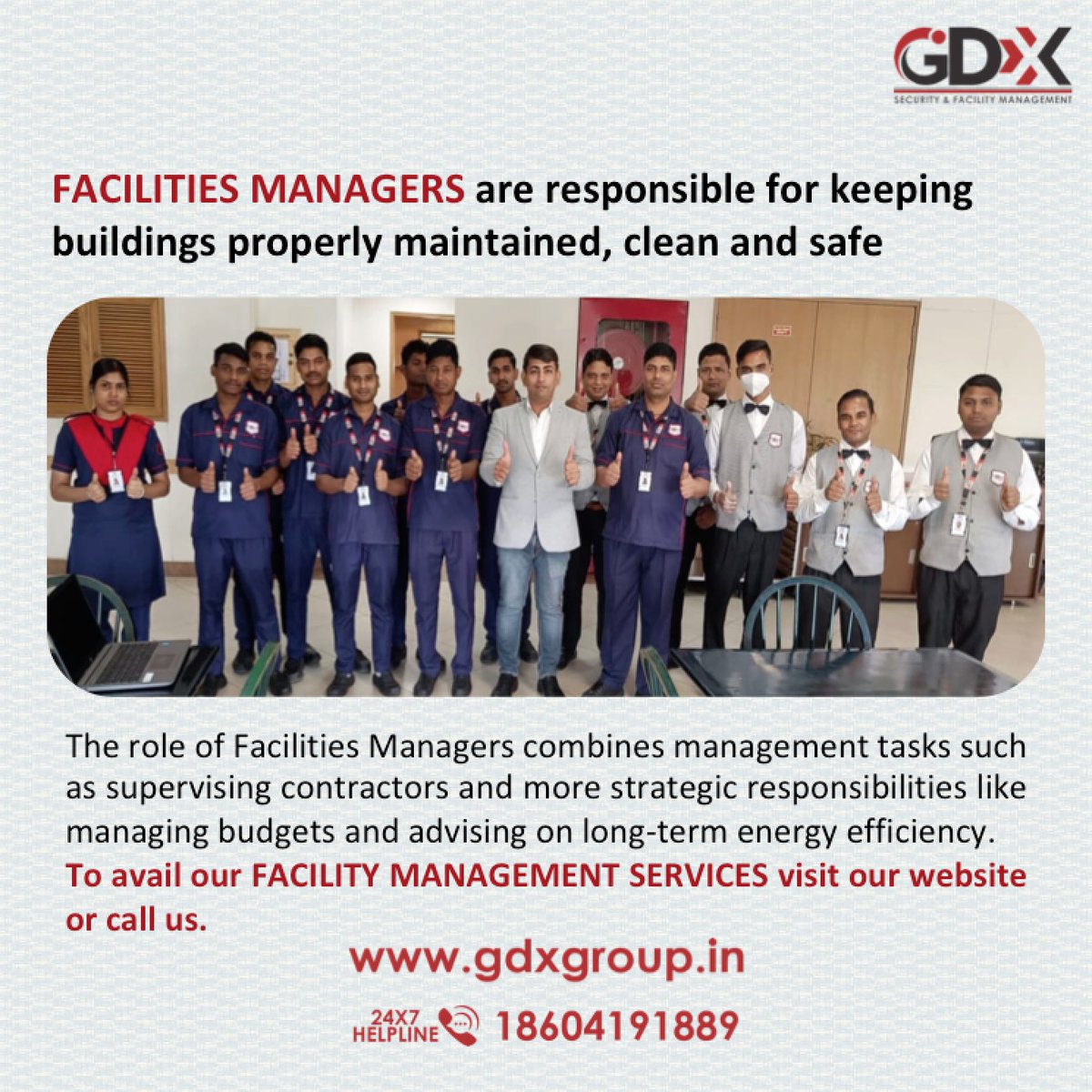 Facilities managers are responsible for keeping #buildings properly maintained, #clean, and #safe. 
TO AVAIL OF OUR FACILITY MANAGEMENT SERVICES, CALL US AT 24X7 HELPLINE 18604191889
 #GDXtech  #FacilityManagement #IntegratedFacilityManagementServices #FacilitiesManagers