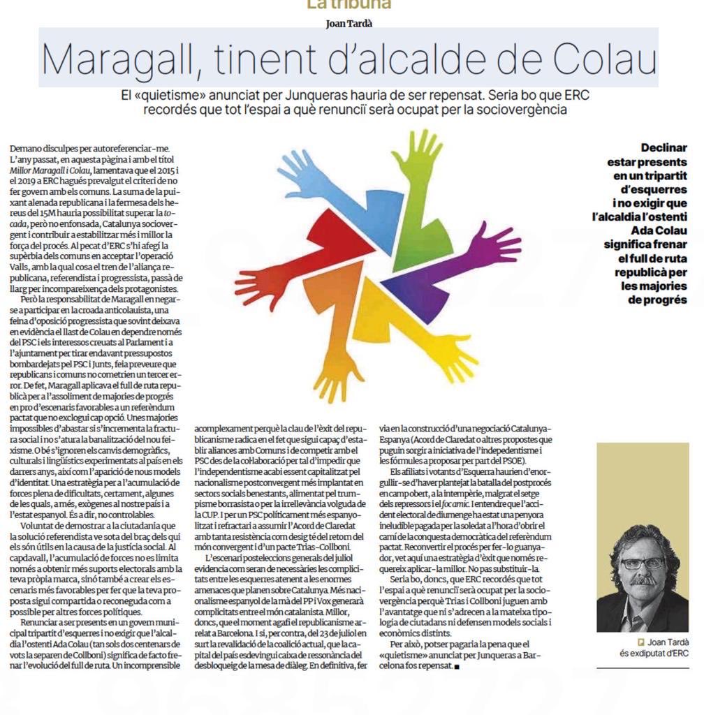 JoanTarda's tweet photo. “Maragall, tinent d’alcalde de Colau”. Per si és d’interès, article a ⁦@elperiodico_cat⁩ https://t.co/0QCndNssdl