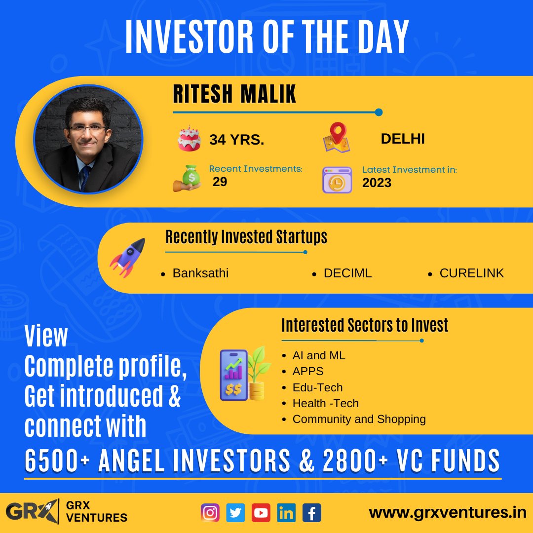 Introducing Ritesh Malik, a 34-year-old Delhi-based #investor, who recently #invested in Banksathi, a #startup in Bengaluru. Connect and expand your #network. #Grxventures #InvestorSpotlight #StartupInvestments #AngelInvestors #VentureCapital #DelhiInvestor #itservices