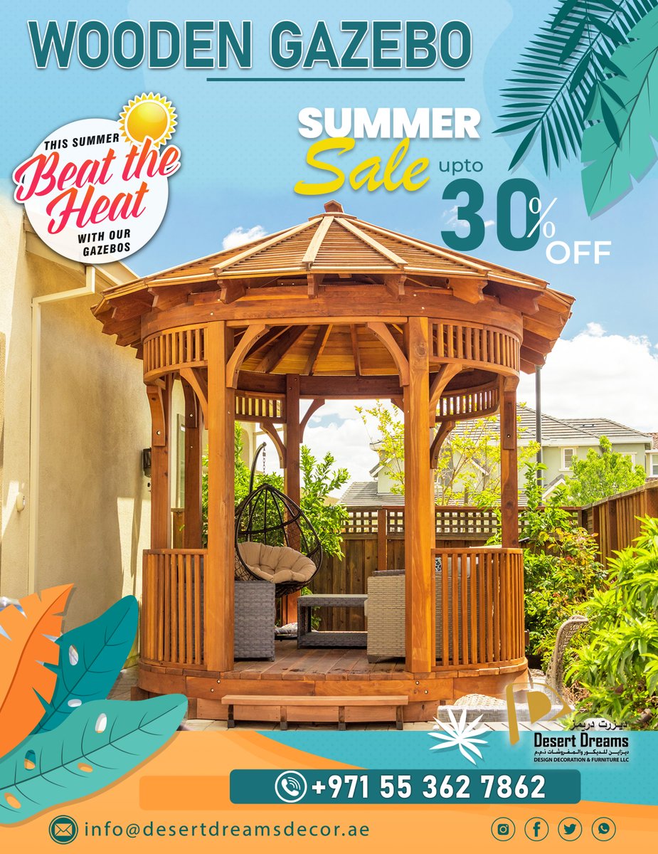 DesertDreamsuae's tweet photo. Summer Sale Offer 30% Special Discount.
We Design, Build and Install Outdoor Wooden Gazebo in Uae.

Contact us:
Desert Dreams Design Decoration and Furniture L.L.C.
https://t.co/7k9GX0ZehW

#uae #dubai  #abudhabi #AlAin #jumeirah https://t.co/TyxRGJM156