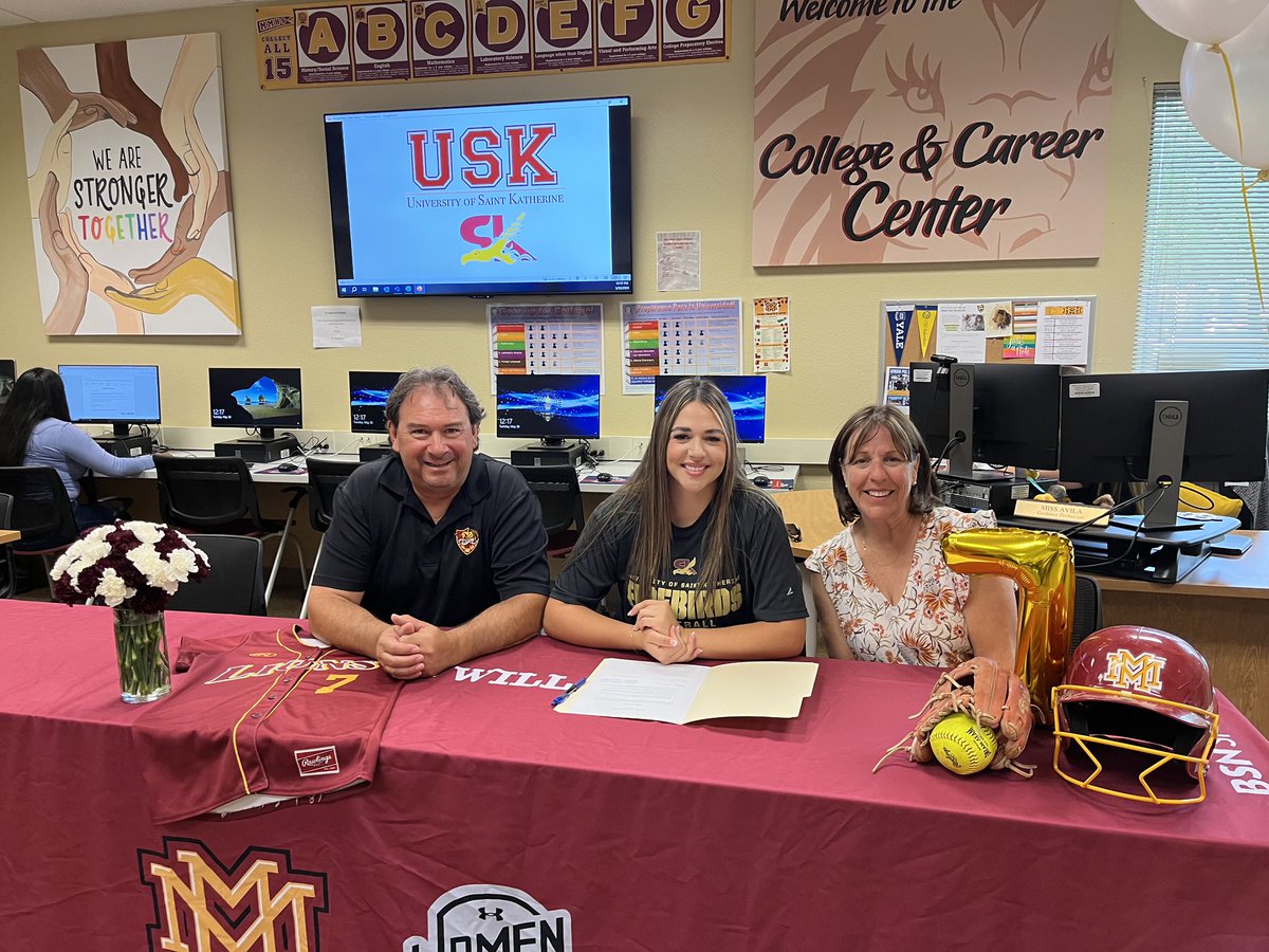 Flanked by family and friends today, Liz Alderete committed her softball talents to Univ. Saint Katherine. We wish her well.