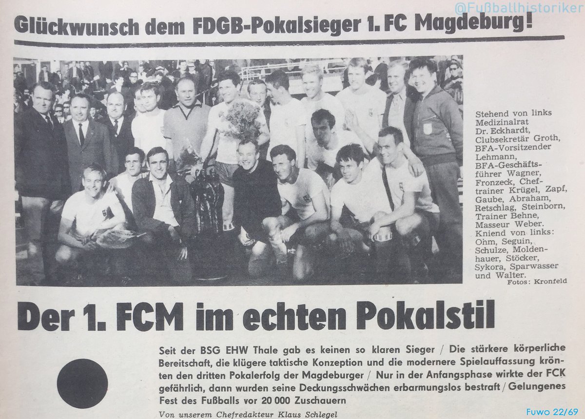 FussballDdr's tweet photo. 31.05.69 @1_FCM gewinnt in #Dresden zum 3. Mal den #FDGB-Pokal. Beim 4:0 über @ChemnitzerFC stellen die Magdeburger den Rekord um den höchsten Endspielsieg ein. Dieser 3. Erfolg macht sie schon 1969 zum Rekordpokalsieger, ein Titel den sie nie wieder abgeben. #DDRFußballkalender https://t.co/pLfss3CTKQ