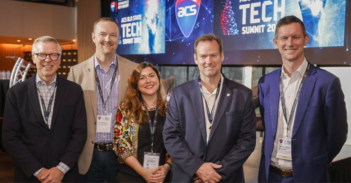 ACS Queensland Tech Summit 2023 was launched on 26 May, by Minister for Digital Services, Mark Bailey MP. From L to R: ACS CEO, Chris Vein; Queensland Gov CDO, Chris McLaren; ACS QLD Manager, Holly Brereton; State Chair Beau Tydd; QLD Minister for Digital Services, Mark Bailey.