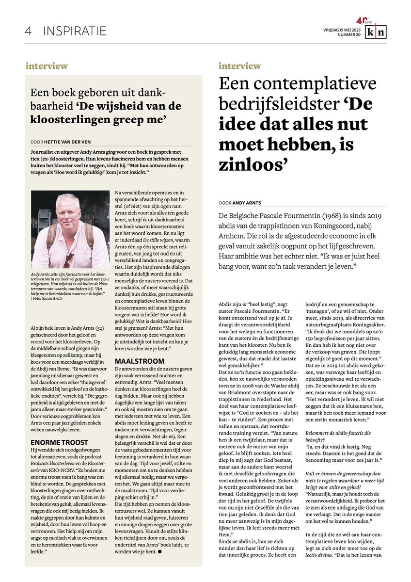 AndyArnts's tweet photo. Een boek geschreven uit dankbaarheid: ‘De wijsheid van kloosterlingen greep me’ -  voorpublicatie uit #Destillewijzen en interview met @HettievanderVen voor het @KNieuwsblad.
#spiritualiteit #katholiek https://t.co/qWVNql3nuh