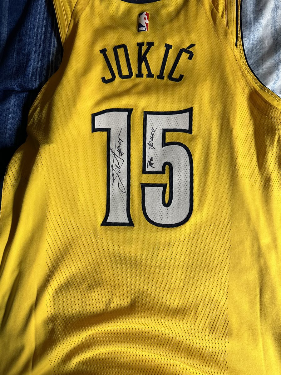 cent15's tweet photo. Time to finally wear this game worn signed #jokic jersey!! #NBAFinals #BringItIn #NuggetsNation @nuggets https://t.co/3D5gMwRuRS