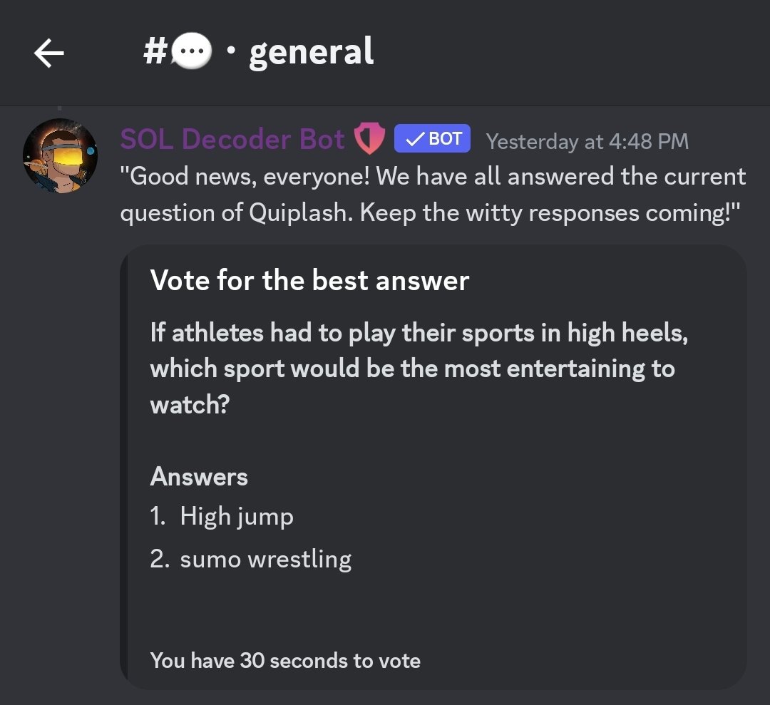 Sneak peak of our new AI powered game in Discord, Quiplash! 

Write and vote on funny answers to AI generated questions, and compete for points 🏆