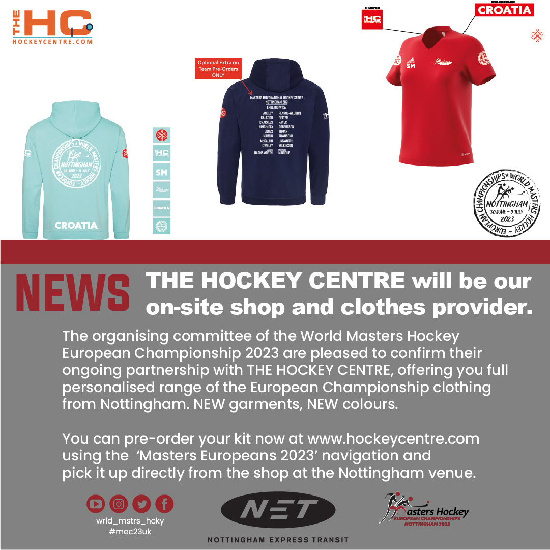 Clothing for the World Masters Hockey European Championships 2023 (UK) is now available for pre-order from hockeycentre.com/collections/me… - A full range, over 700 options (colours and personalisation) is online now and a reduced range will be available at the event.