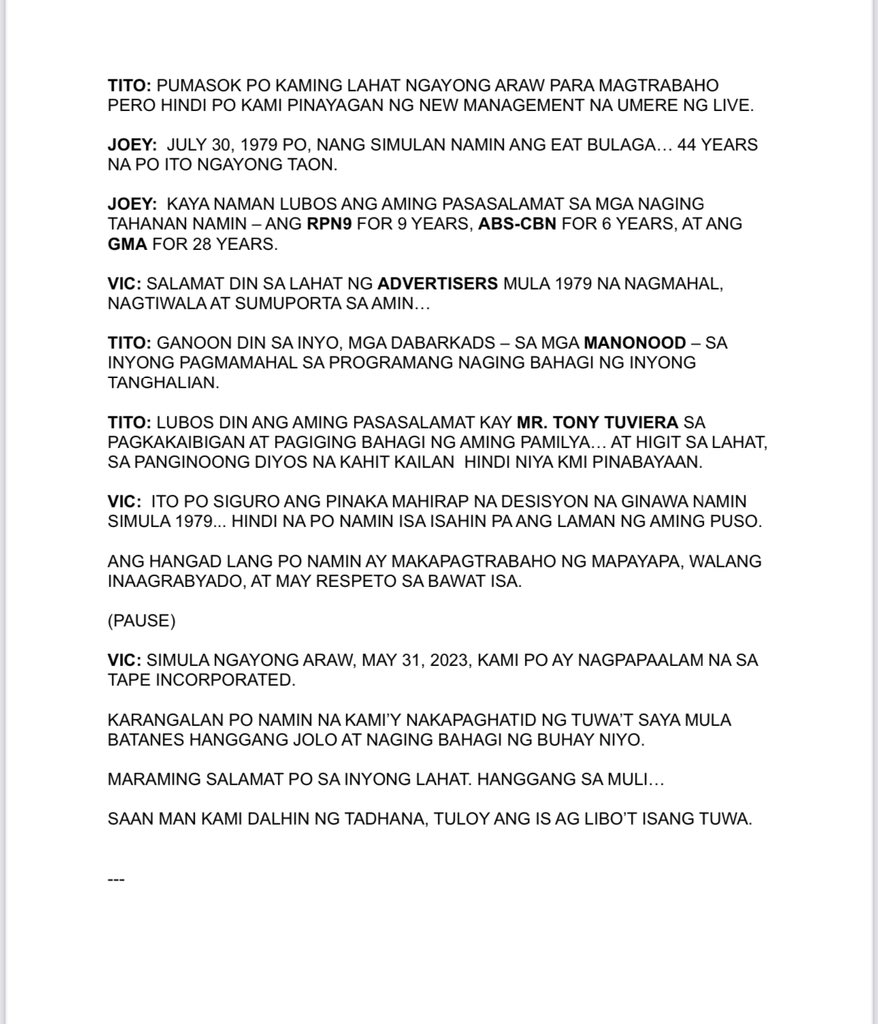 inquirerdotnet's tweet photo. READ: Tito, Vic, and Joey's closing spiel as the longest noontime show "Eat Bulaga" announced its departure from TV production company TAPE Inc. on Wednesday, May 31. | @tinaarceodumlao /PDI https://t.co/xlMVWdta4v