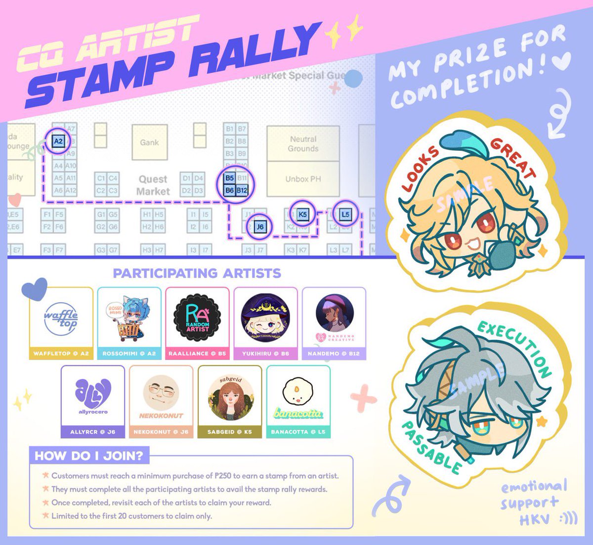 I'm part of the genshin/hsr stamp rally!! First 20 customers to complete will get rewards from participating artists!

I'll have HKV stickers ready for mine 🥴

You can get the stamp card from the artists (only get one 1) Read the mechanics in the pic on how to play!