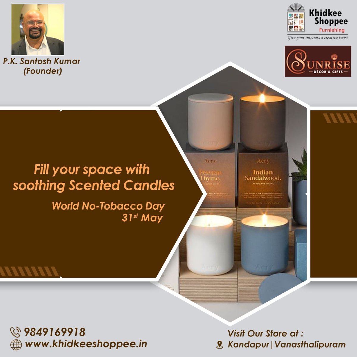 Illuminate Your Space with Soothing Scented Candles from khidkee shoppee on World No Tobacco Day. Say no to tobacco, and yes to relaxation.

#khidkeeshoppee #WorldNoTobaccoDay #WHO #smoking #notobacco #smokefree #healthylifestyle #scentedcandlesindia #scentedcandles #trendingnow