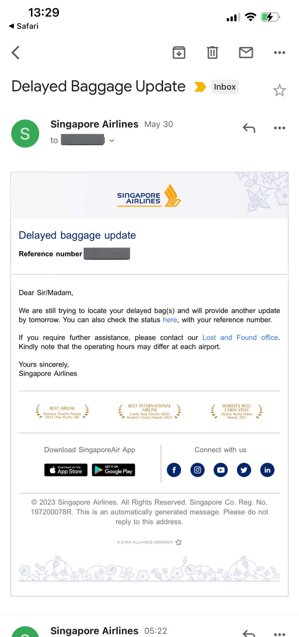 Singapore airlines sales delayed baggage