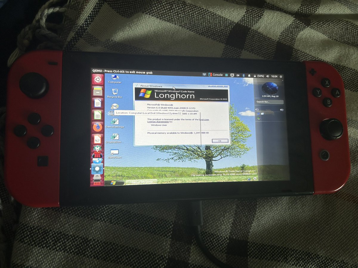 Another Longhorn build running on Nintendo Switch, this time 4093. It’s slow as fuck tho