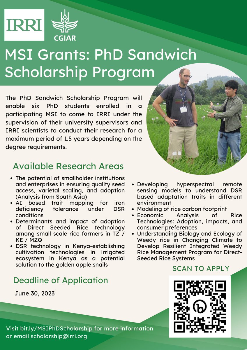 #ScholarshipOpportunity at #IRRI for students from selected U.S. minority-serving institutions (MSI)! 

📢  IRRI welcomes students and researchers from partner MSI in the U.S. to apply for research fellowships under the MSI Grants by USAID.

#PhDScholarship #SandwichScholarship