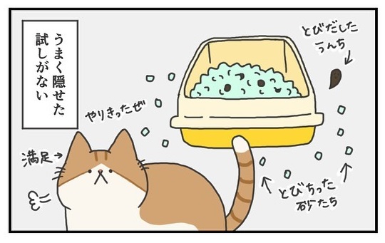 猫のいる生活あるある 上手にウンチが隠せなくても満足顔 「同じ状況」「なんて豪快な」  @grapeejpより