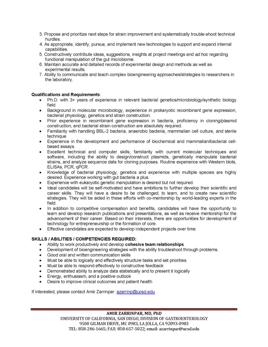 🔬 Exciting Project Scientist position available in Zarrinpar lab at UCSD. Focus: developing microbiome-based therapeutics using engineered native bacteria. Ideal for a creative, driven individual with bacterial recombineering expertise. Please retweet to help get the word out!