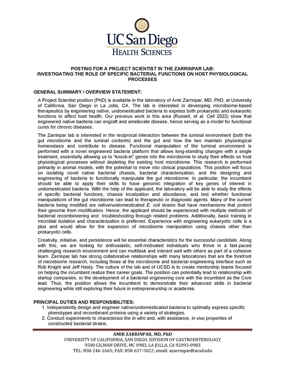 Zarrinparlab's tweet image. 🔬 Exciting Project Scientist position available in Zarrinpar lab at UCSD. Focus: developing microbiome-based therapeutics using engineered native bacteria. Ideal for a creative, driven individual with bacterial recombineering expertise. Please retweet to help get the word out!