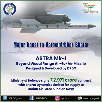 SummaryThe's tweet image. May 11, 2022
#ThisDateThatYear

रक्षा मंत्रालय ने @IndianAirforce_  के लिए #AstraMk_1 बियॉन्ड विजुअल रेंज (#BVR) एयर टू एयर मिसाइल (#AAM) की आपूर्ति के लिए भारत डायनेमिक्स लिमिटेड (#BDL) और (IAF) भारतीय नौसेना के साथ 2,971 करोड़ रुपये के अनुबंध पर हस्ताक्षर किए।

#RisingBharat