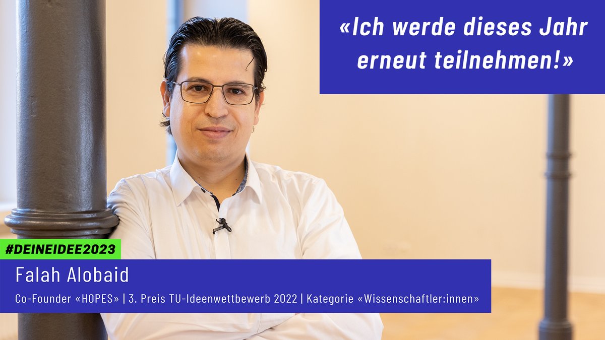 #DeineIdee2023 Am Ideenwettbewerb der <a href="/TUDarmstadt/">TU Darmstadt</a> teilnehmen, kann ein wahrer Booster für deine Geschäftsidee sein! Deshalb bewirbt sich Falah Alobaid von HOPES erneut.   ow.ly/BQsR50OziMp. Bewirb auch du dich! ow.ly/pmxc50OziMo