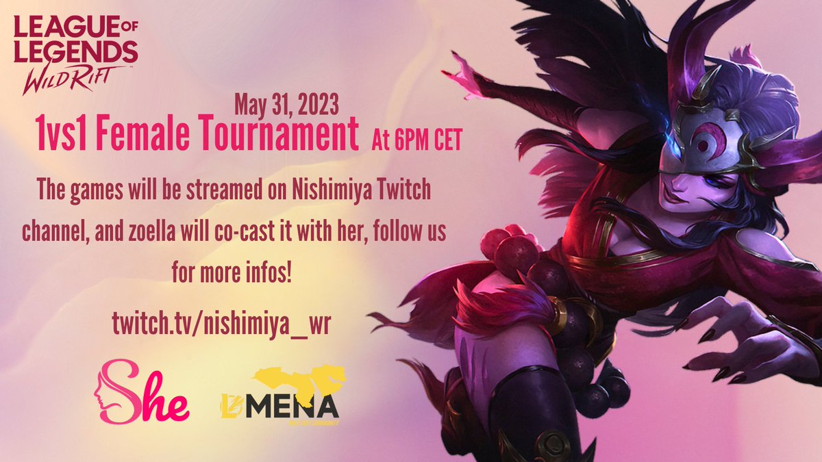 Today's stream schedule 💖
twitch.tv/nishimiya_wr 
I'll be casting :-
1v1 Female tournament at 7pm Cairo time 💖
Are you ready? 💖🔥
#wildrift #twitch