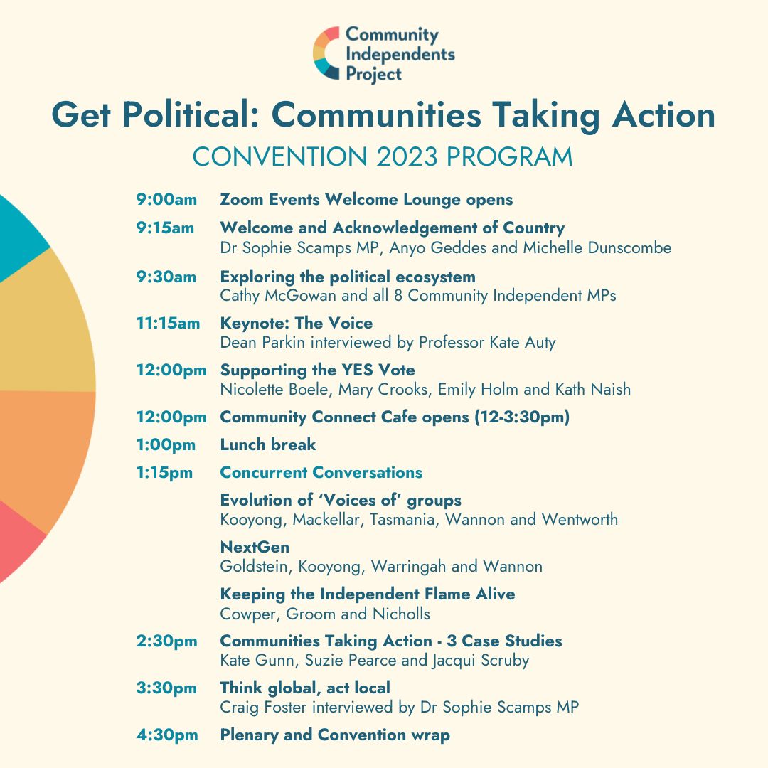 I'm looking forward to Saturday's @CommunityIndeps Get Political: Communities taking Action Convention.

There's still time to register - events.humanitix.com/cipconvention2…

#auspol #community