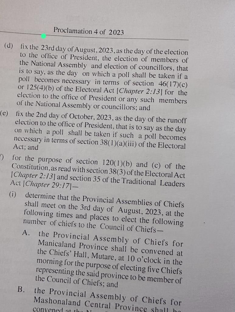 TellZim News (@tellzimbabwe) on Twitter photo Breaking: 2023 elections will be held on Wednesday, 23 August 2023, President Emmerson Mnangagwa has proclaimed.#ElectionsZw <a href="/ZimMediaReview/">Zim Media Review</a> <a href="/RadioWezhira/">RadioWezhira</a> <a href="/zimccrpost/">ZCCRPOST</a> Breaking: 2023 elections will be held on Wednesday, 23 August 2023, President Emmerson Mnangagwa has proclaimed.#ElectionsZw <a href="/ZimMediaReview/">Zim Media Review</a> <a href="/RadioWezhira/">RadioWezhira</a> <a href="/zimccrpost/">ZCCRPOST</a>